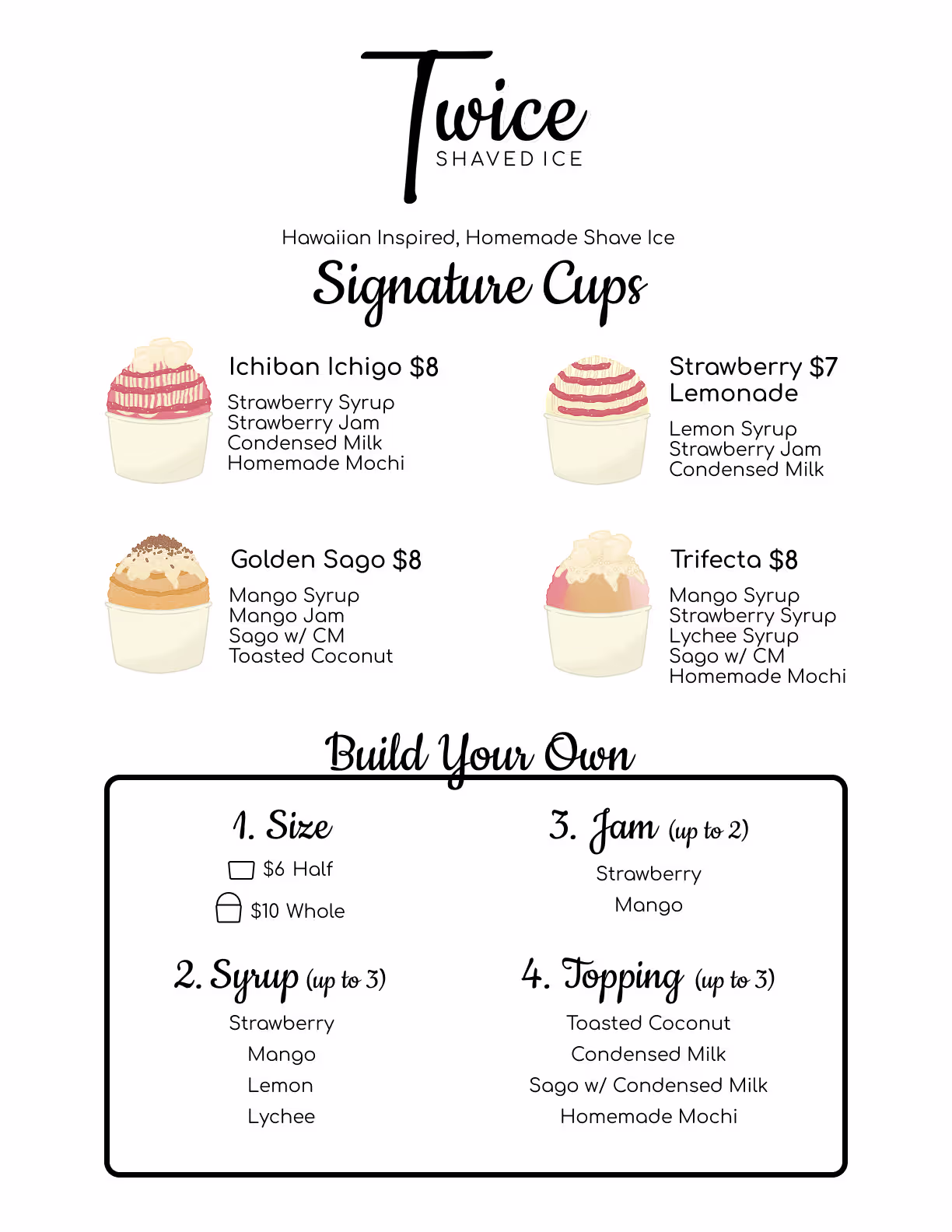 Twice Shaved Ice menu showcase with fresh shave ice flavors
